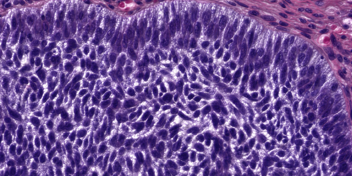 Tumor odontogênico maligno. Carcinoma ameloblástico. Detalhe de um folículo mostrando as células basais em paliçada e núcleos reversos, bem como as células centrais com marcante atipia e hipercromatismo.