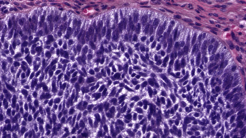 Tumor odontogênico maligno. Carcinoma ameloblástico. Detalhe de um folículo mostrando as células basais em paliçada e núcleos reversos, bem como as células centrais com marcante atipia e hipercromatismo.