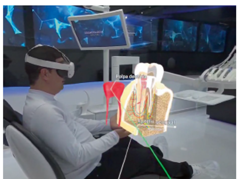 Demonstração de realidade virtual imersiva permitindo ao paciente visualizar melhor as estruturas anatômicas e entender melhor o tratamento proposto.